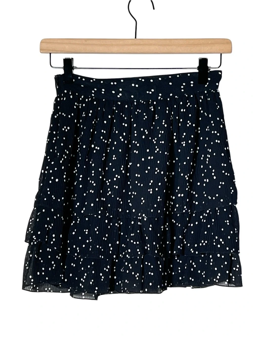 Zara black with white polkadots chiffon tiered mini skirt size XS B101